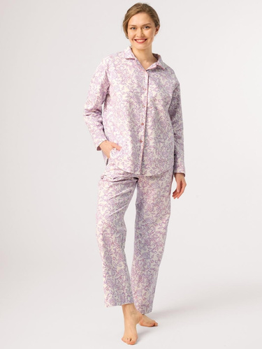 Pijamale damă Key LNS 406 ecru – flanelă 100% bumbac, flori, nasturi