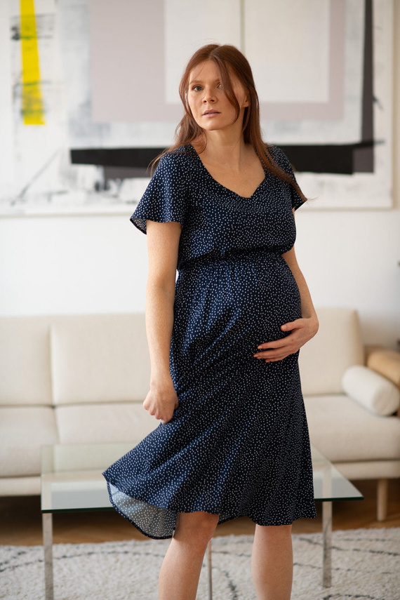 Lovely Dress Rochie midi de maternitate si alaptare, maneca scurta, Milk&Love, bleumarin cu buline