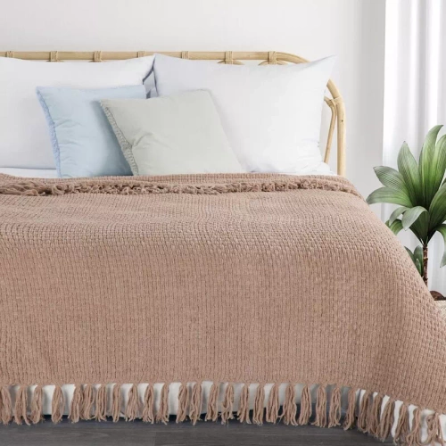 Patura Suzi, cuvertura de pat, tesuta cu franjuri, Eurodrape, bej