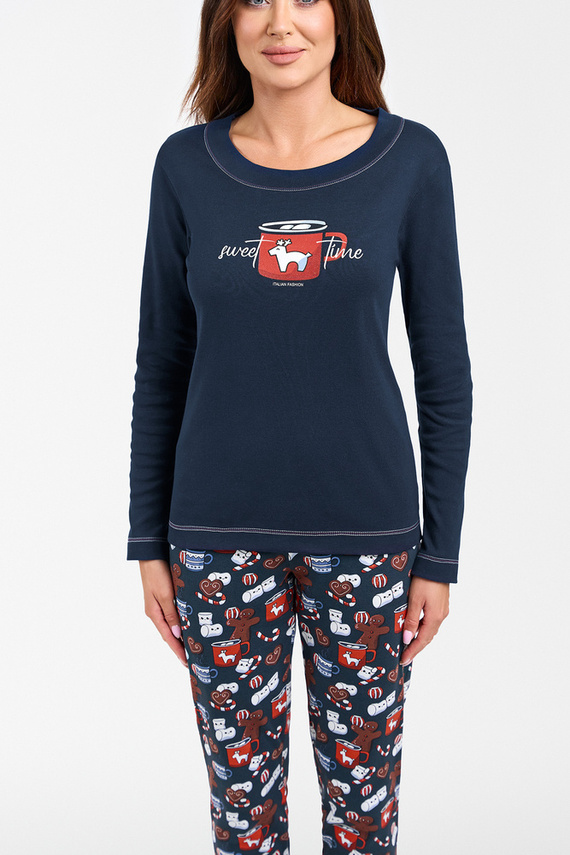 Makala Pijama cu mânecă lungă și pantaloni lungi de damă Italian Fashion - albastru navy/print