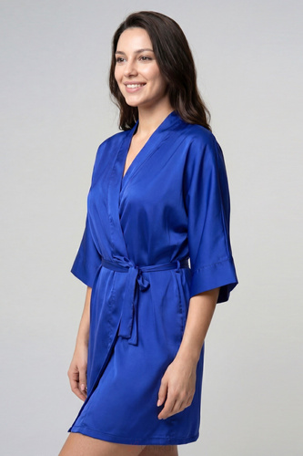 Halat de baie Unikat Elodie albastru chabrow, satin, damă, 3/4, cu cordon