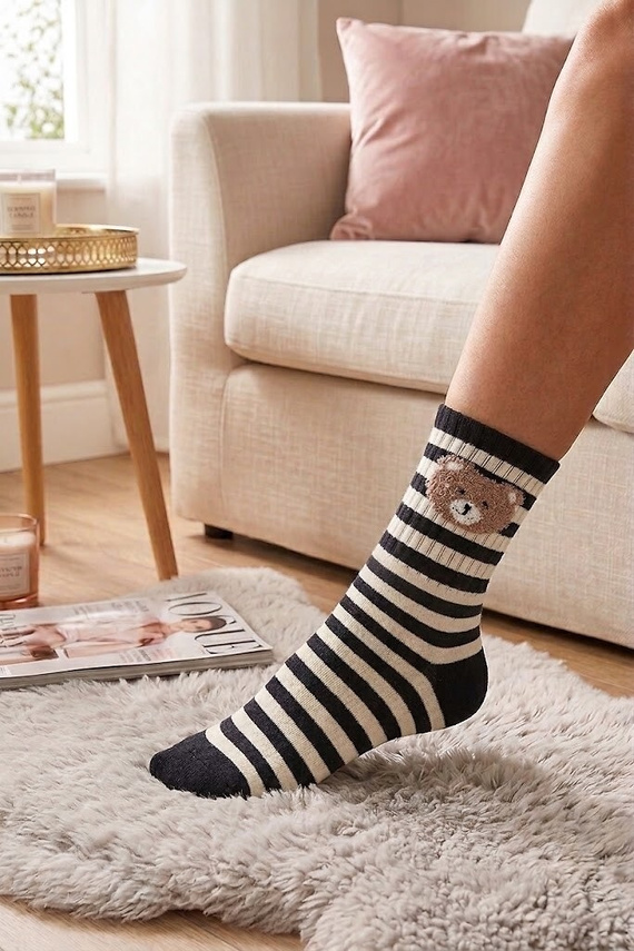 Be Snazzy SK-136 Misie șosete damă de iarnă moi, fără presiune, negru-ecru