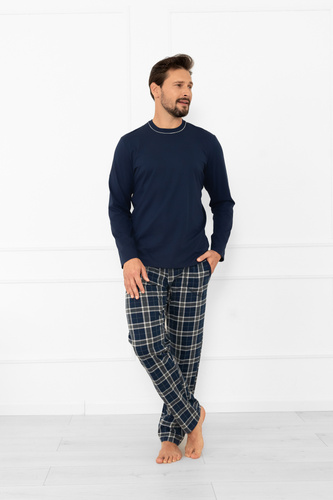 Pijama pentru bărbați Andreas - mânecă lungă, pantaloni lungi, bumbac Modă italiană - albastru navy/print