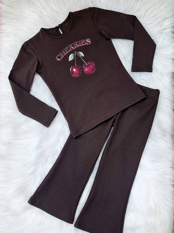 Bluză pentru fete Cherries Bambarillo, ciocolată neagră - bumbac, mânecă lungă, imprimată