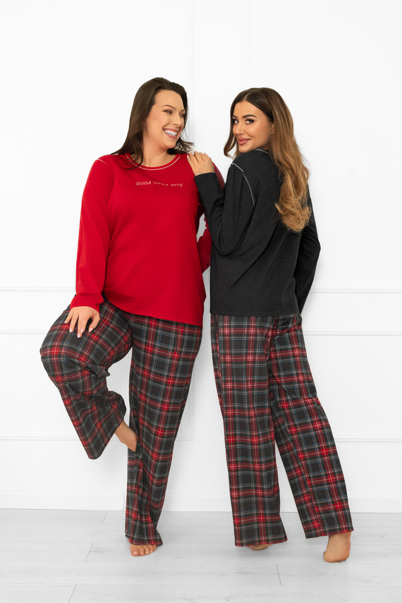 Pijama de damă Italian Fashion în roșu - bumbac, mânecă lungă și pantaloni, în carouri 