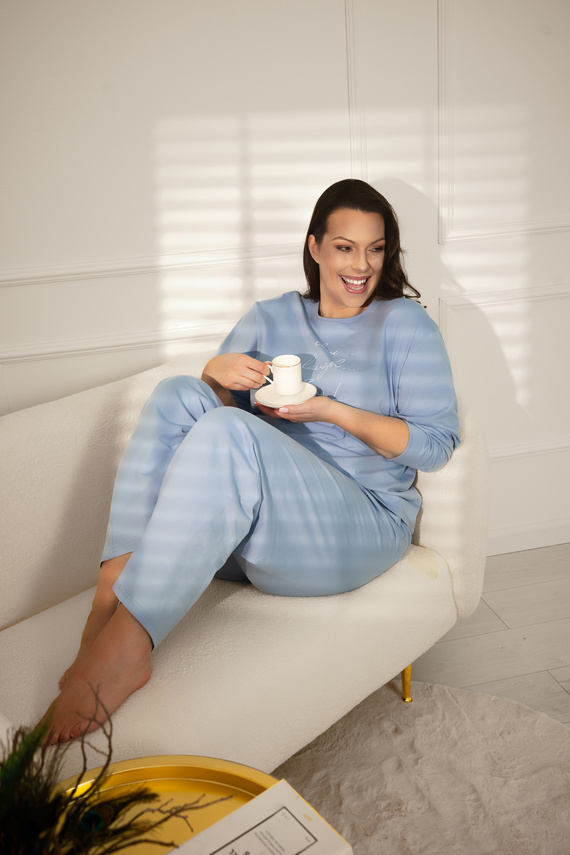 Pijama pentru femei Ksara Italian Fashion - bumbac, mânecă lungă și pantaloni cu buzunare - oțel 