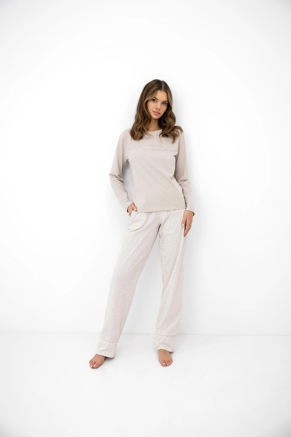 Pijamale damă Sensis Lyanna bej, bumbac, pantaloni lungi cu imprimeu floral