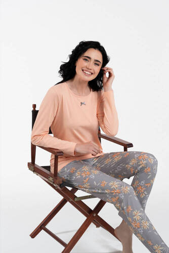 Pijama cu mânecă lungă și pantaloni pentru femei Kasali Italian Fashion - somon/print