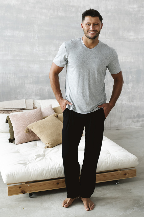 Dallas Pijama cu mânecă scurtă pentru bărbați, pantaloni lungi Italian Fashion- melange/negru 