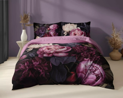 Set de lenjerie de pat 5129 A Holland Detexpol din bumbac, negru cu bujori în nuanțe de vișiniu și roz – 100% bumbac, față-verso, producție poloneză