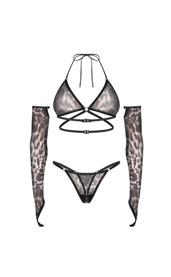 Set Obsessive Addia cu imprimeu leopard sutien soft și tanga cu mănuși
