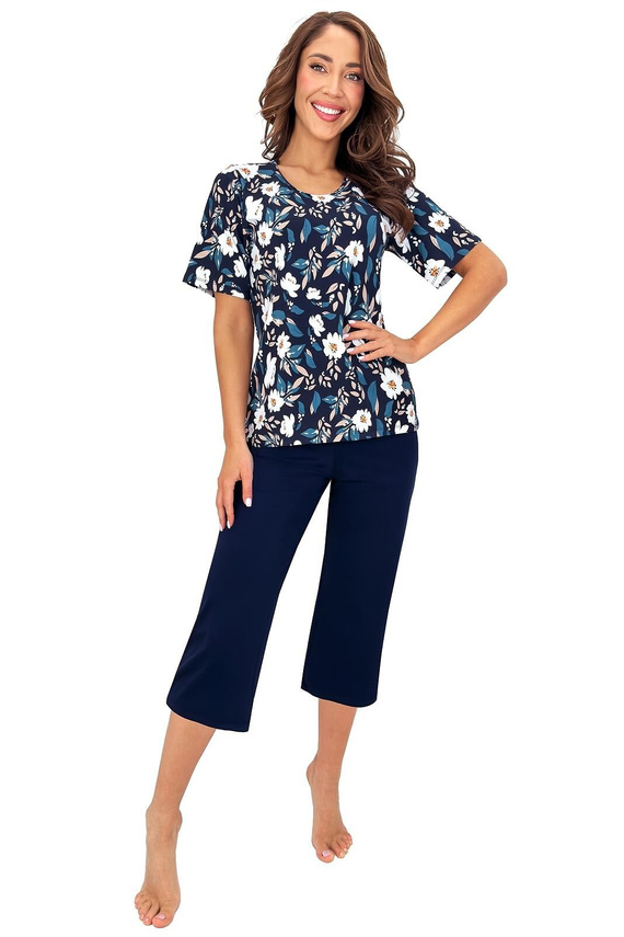 Donna Irene 3/4 pijama damă din vâscoză, albastru închis, cu imprimeu floral
