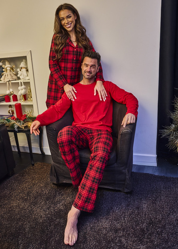 124/305 Denali Cornette – pijamale bărbătești din bumbac, cu mâneci lungi, roșii, pantaloni în carouri