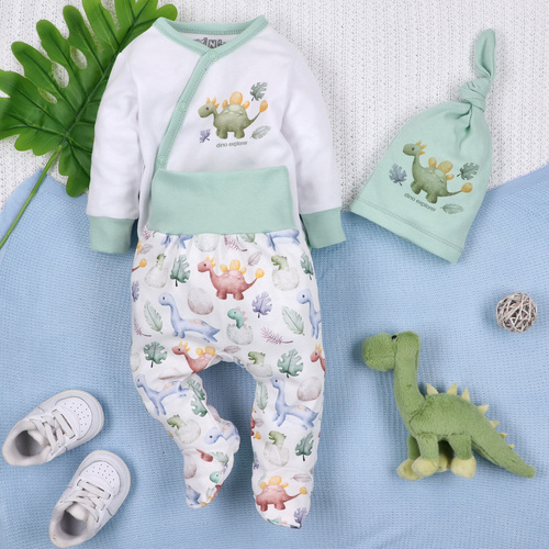 Body plic Nini ABN-5562 Dino Explorer, alb | Bumbac organic pentru nou-născuți