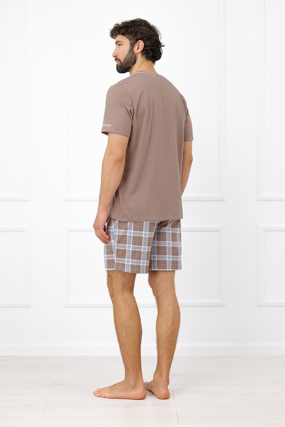 Pijamale bărbați Italian Fashion Dante bumbac scurt pantaloni scurți în carouri cu buzunare cappuccino