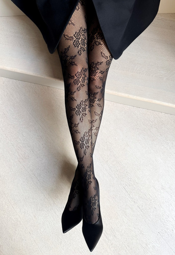 Colanți negri tip plasă Gia Veneziana cu model floral, fără vârfuri întărite