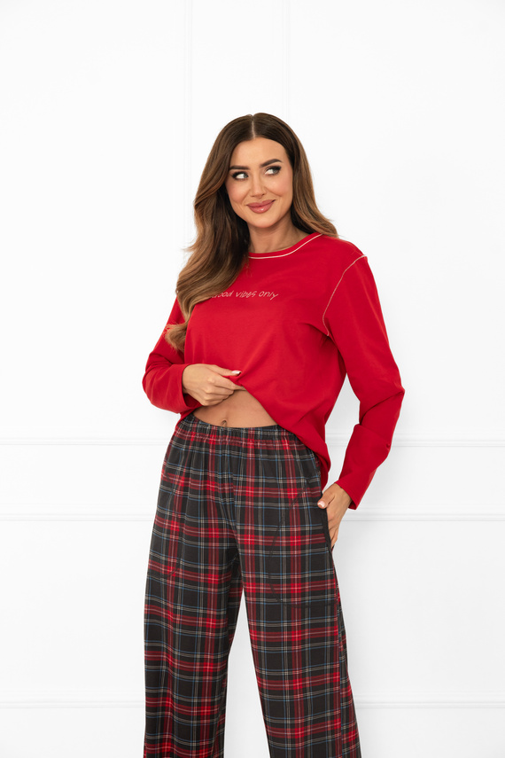 Pijama de damă Italian Fashion în roșu - bumbac, mânecă lungă și pantaloni, în carouri 