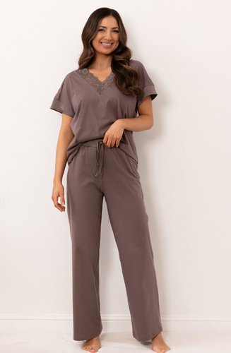 Pijamale damă Regina 4008 100% bumbac dantelă satin pantaloni lungi - maro