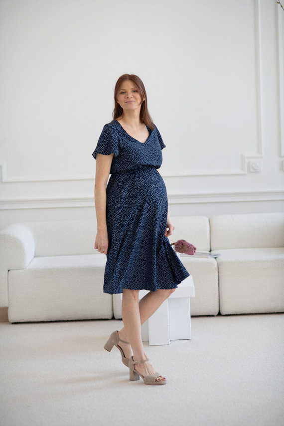 Lovely Dress Rochie midi de maternitate si alaptare, maneca scurta, Milk&Love, bleumarin cu buline
