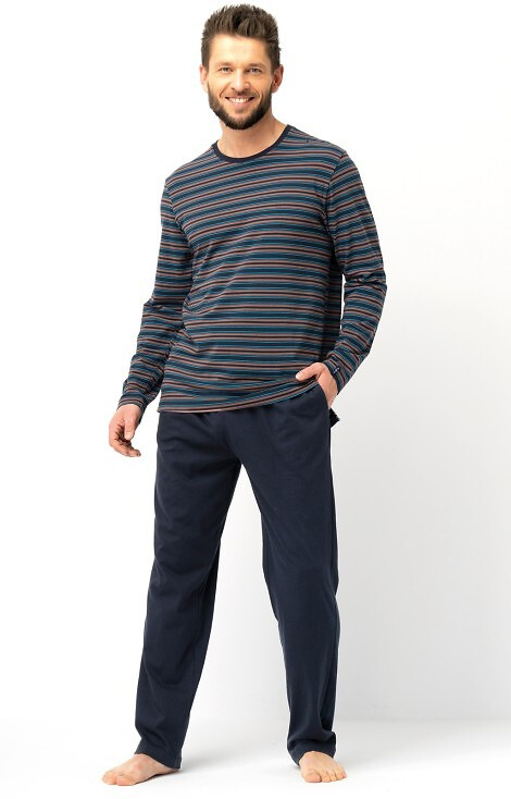 Pijamale bărbați MNS 315 Key maro - bumbac, hanorac cu dungi și pantaloni simpli