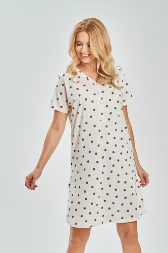 Cămașă de noapte damă 3529 Nita Taro – 100% bumbac cu buline, pentru alăptare | Decolteu V cu capse, până la genunchi