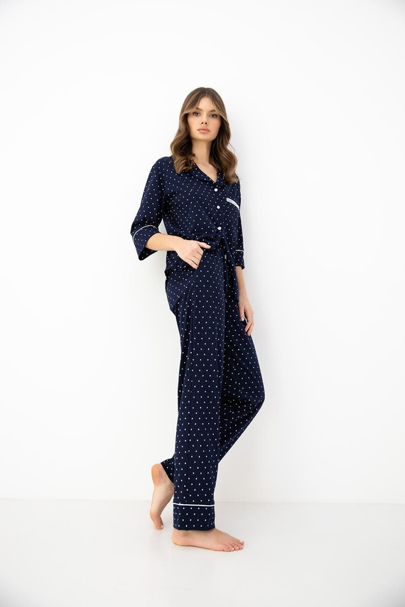 Pijamale damă Sensis bleumarin 100% bumbac, cu guler, nasturi, mâneci 3/4