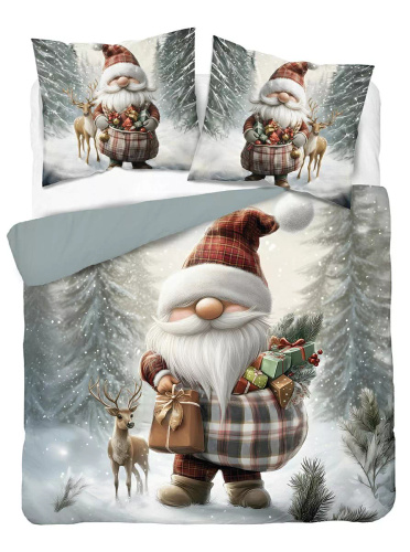 5828 A Christmas Dreams Lenjerie de pat din bumbac Detexpol cu ​​un spiriduș și un ren într-o pădure de iarnă - Set de Crăciun 100% bumbac