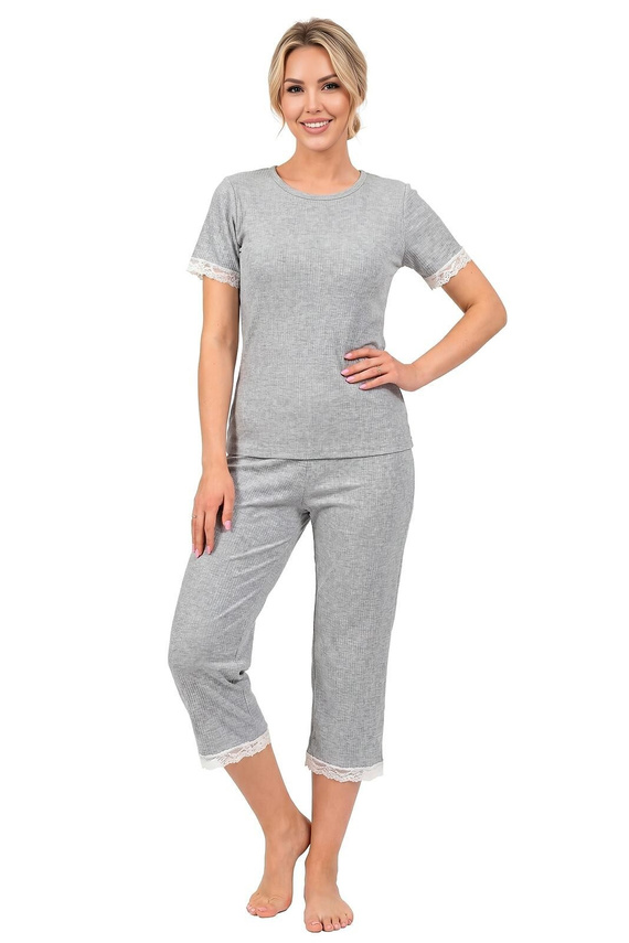 Donna Megi pijama damă din material reiat 3/4 gri cu dantelă și fundiță