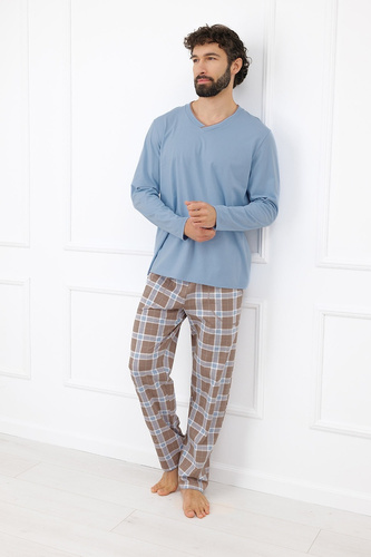 Italian Fashion Dante pijama bărbați bumbac, pantaloni lungi în carouri - gri metalizat