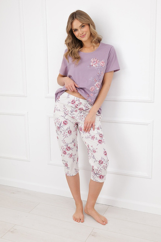 Italian Fashion Karilla Pijamale damă 3/4 din bumbac 100% cu pantaloni și imprimeu floral