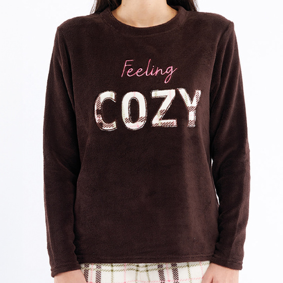 Pijamale Liliana Sorbetto maro – fleece călduros cu model în carouri și broderie