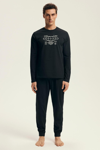 Pijamale bărbați Henderson Core 43469 Loger, negru - bumbac, mâneci lungi, ambalaj elegant