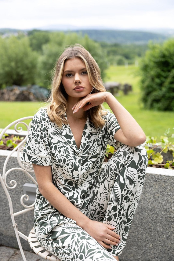 Pijama damă Louise Sensis khaki-ecru din vâscoză, cămașă cu nasturi și pantaloni