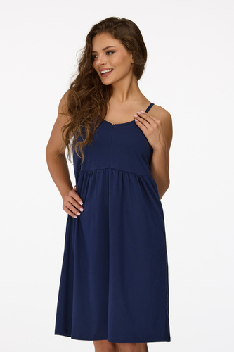 Cămașă de noapte pentru gravide Senizo nr. 25, bleumarin – 100% bumbac, fermoar pentru alăptare, bretele