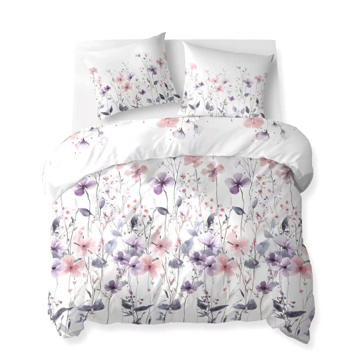 5773 B Lenjerie de pat din bumbac Cotton Bloom Detexpol, albă cu flori sălbatice roz și violet – 100% bumbac, față-verso, producție poloneză