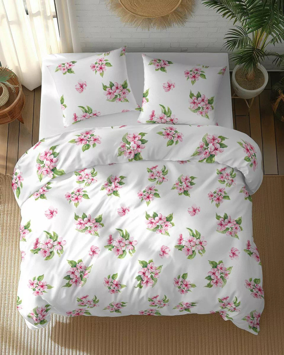 5766 A Lenjerie de pat din bumbac Cotton Bloom Detexpol, albă cu flori roz – 100% bumbac, față-verso, producție poloneză