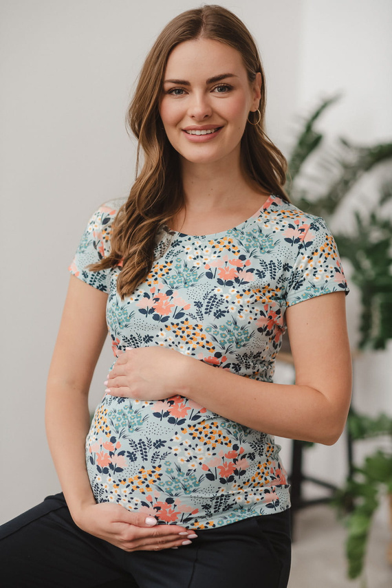 Cămașă cu lapte Bluză pentru alăptare și maternitate cu mâneci scurte Milk&Love meadow pe albastru