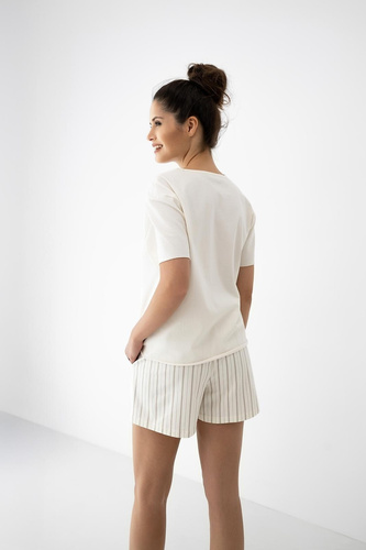 Pijama damă Jemma Sensis ecru/bej, bumbac, mânecă scurtă, dungi