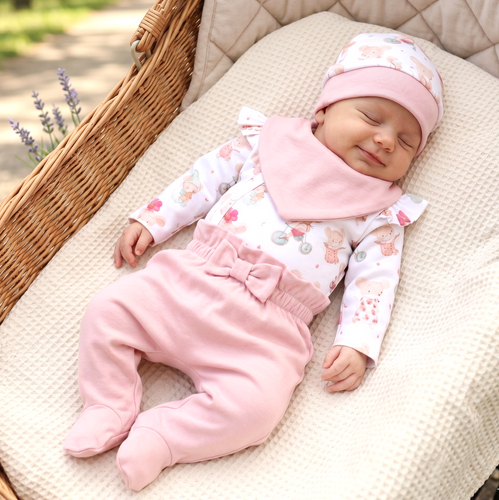 Set bebeluși NINI Little Mouse bumbac organic body pantaloni căciuliță fete