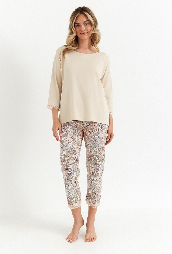 486 Pijamale Cana dama, vanilie, maneci 3/4, pantaloni din bumbac 7/8