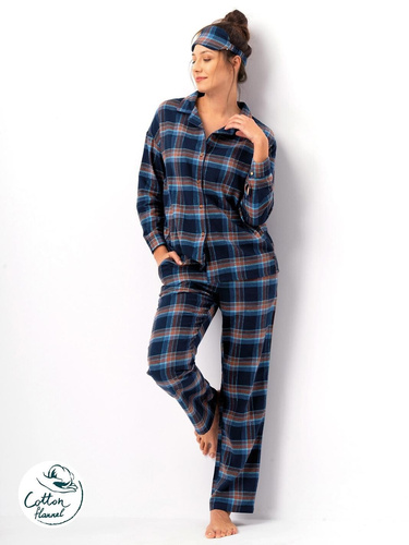 Pijamale dama Key LNS 431, bleumarin - bumbac flanel, maneci lungi, nasturi