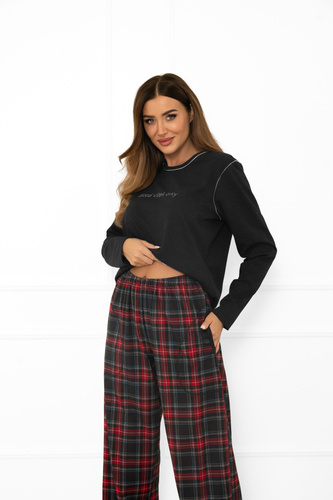 Pijama pentru femei Italian Fashion din bumbac melange închis, cu mânecă lungă și pantaloni, în carouri 