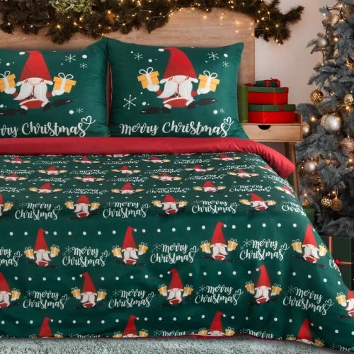 Lenjerie de pat de Crăciun Galdor din microfibră Europerdele verde roșu gnomi - moale, ușoară și ușor de întreținut, cu fermoar
