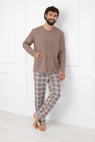 Italian Fashion Wilhelm pijama bărbați 100% bumbac nasturi carouri - cappuccino