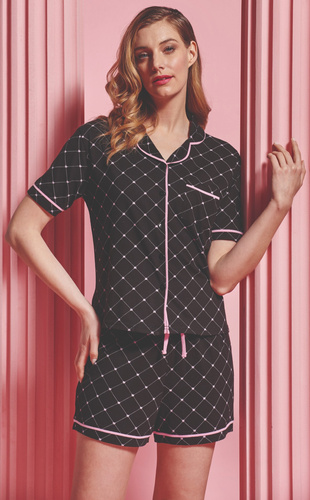 Pijamale dama Coraline Sorbetto, negru - top camasa, pantaloni scurti, 100% bumbac