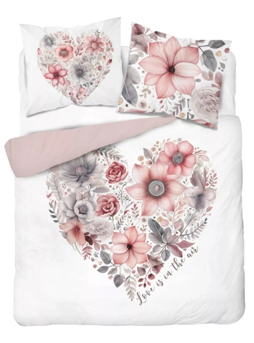 Set de lenjerie de pat 5126 A Holland Detexpol din bumbac, alb cu o inimă florală roz – 100% bumbac, față-verso, producție poloneză