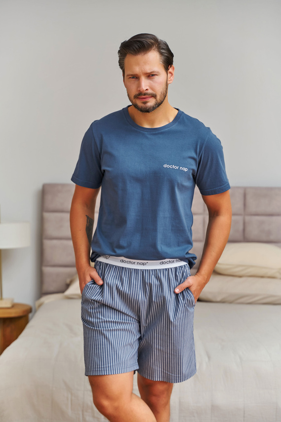 7424 Doctor Nap pijama bărbați bumbac denim blue pantaloni scurți cu dungi