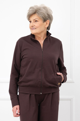 Bluza damă Credo Italian Fashion din bumbac, cu fermoar, guler tip tunică, buzunare - maro
