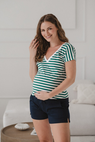 Bluză reversabilă de maternitate și alăptare Two Ways | Mânecă scurtă, confortabilă Milk&Love dungi verzi și albe