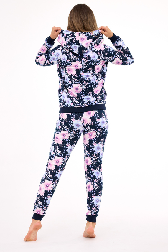 355/464 Pijamale Maddie Cornette pentru femei – Pijama în 3 piese, albastru bleumarin, cu hanorac și glugă cu flori